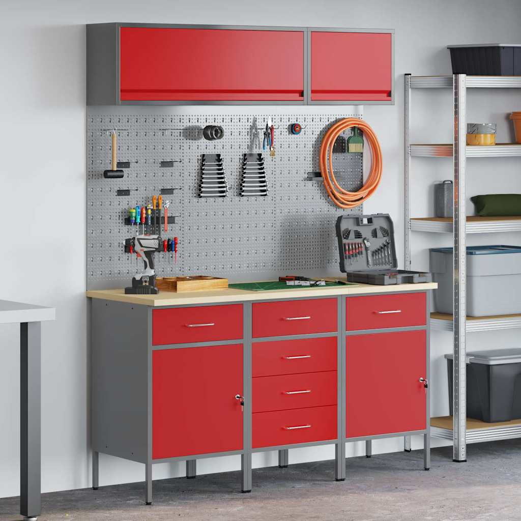 vidaXL Arbeitsschrankset mit Schubladen mit Speicher 8 pcs Rot