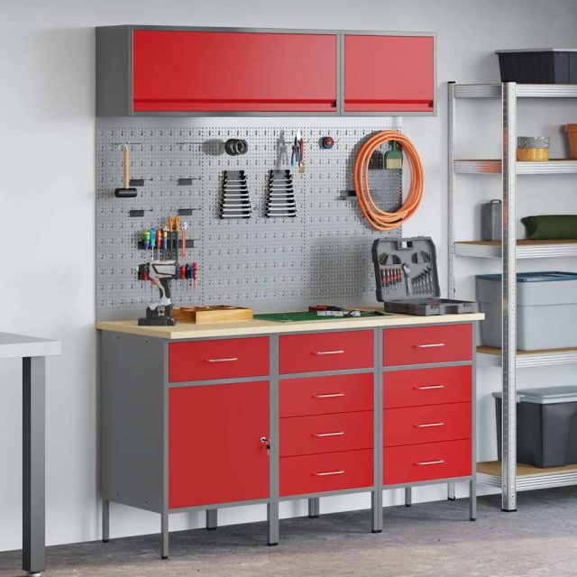 vidaXL Arbeitsschrankset mit Schubladen mit Speicher 8 pcs Rot