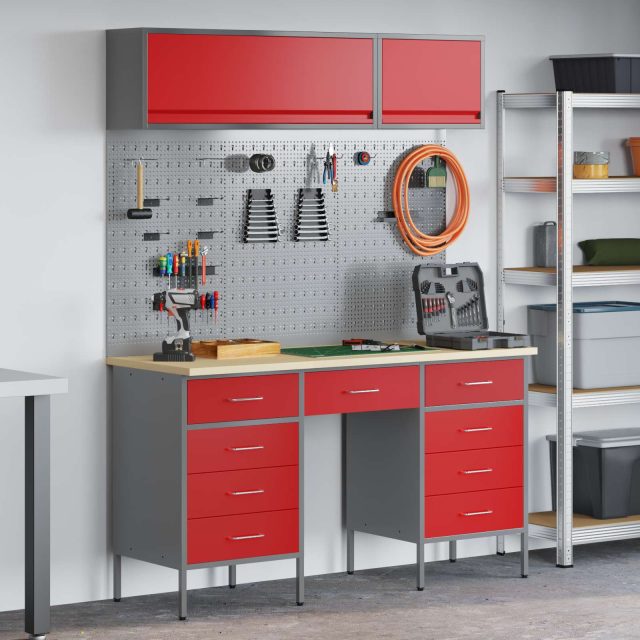 vidaXL Arbeitsschrankset mit Schubladen mit Speicher 8 pcs Rot