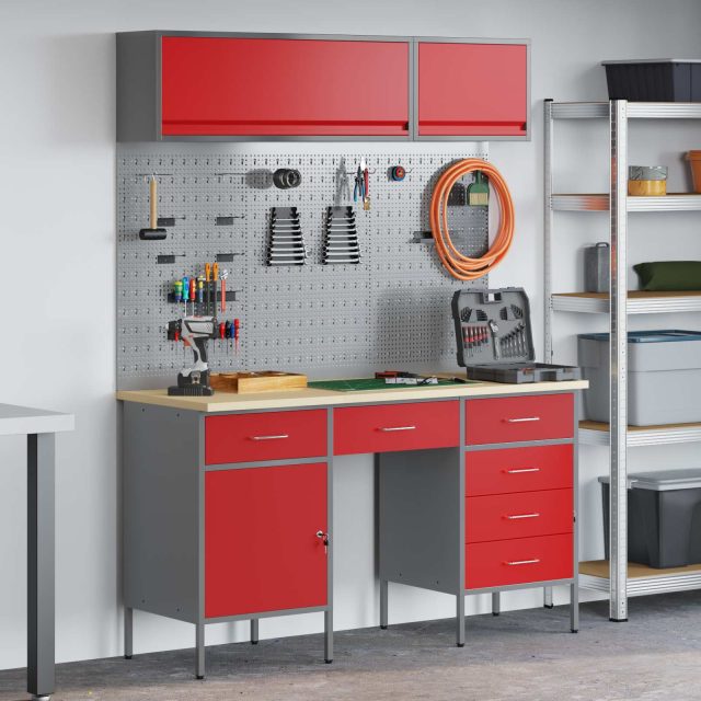 vidaXL Arbeitsschrankset mit Schubladen mit Speicher 8 pcs Rot