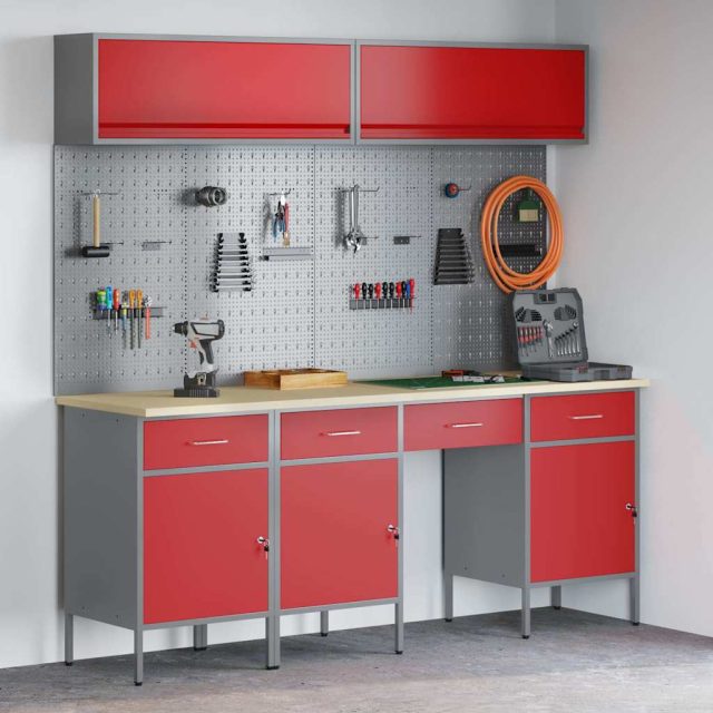 vidaXL Arbeitsschrankset mit Schubladen mit Speicher 10 pcs Rot