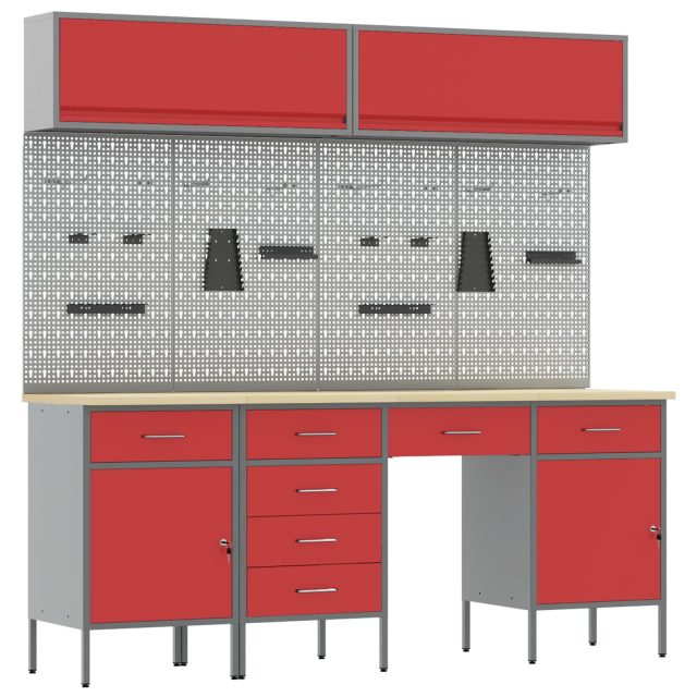vidaXL Arbeitsschrankset mit Schubladen mit Speicher 10 pcs Rot
