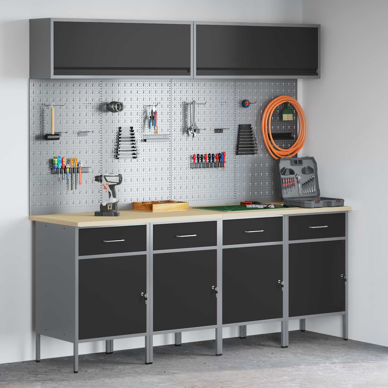 vidaXL Arbeitsschrankset mit Schubladen mit Speicher 10 pcs Schwarz