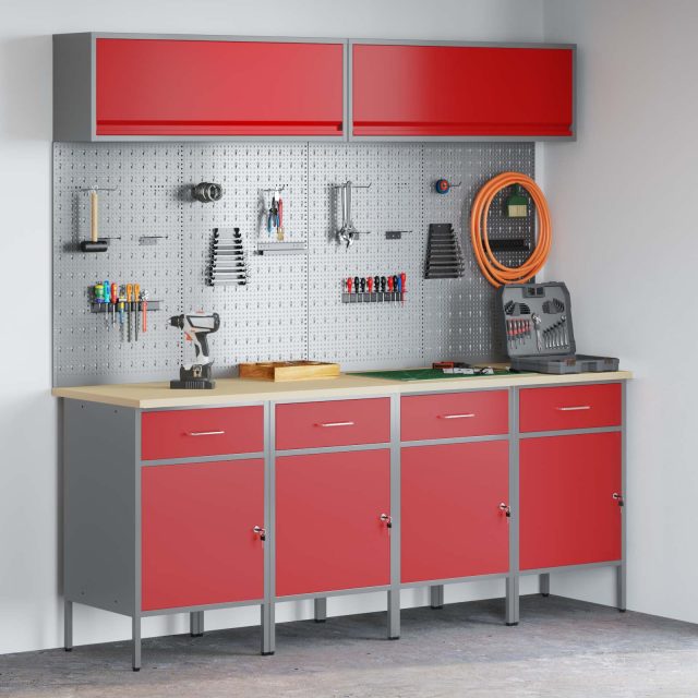 vidaXL Arbeitsschrankset mit Schubladen mit Speicher 10 pcs Rot