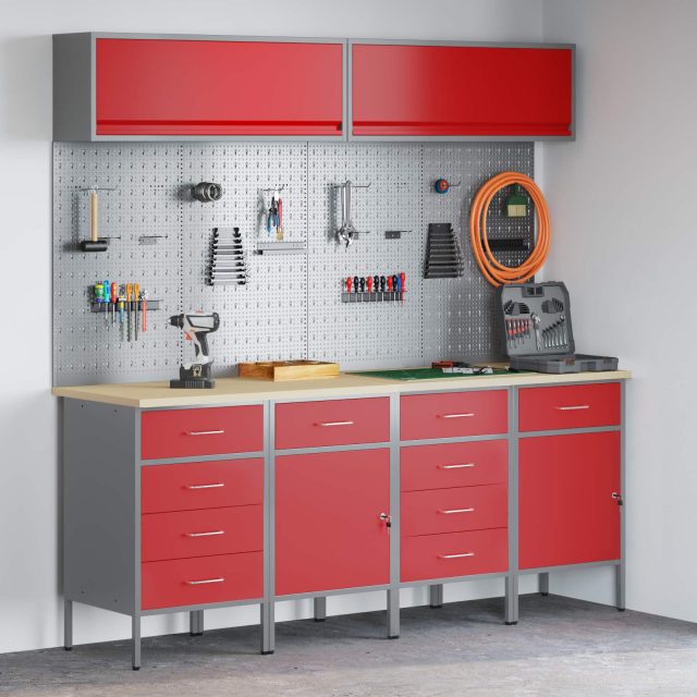 vidaXL Arbeitsschrankset mit Schubladen mit Speicher 10 pcs Rot