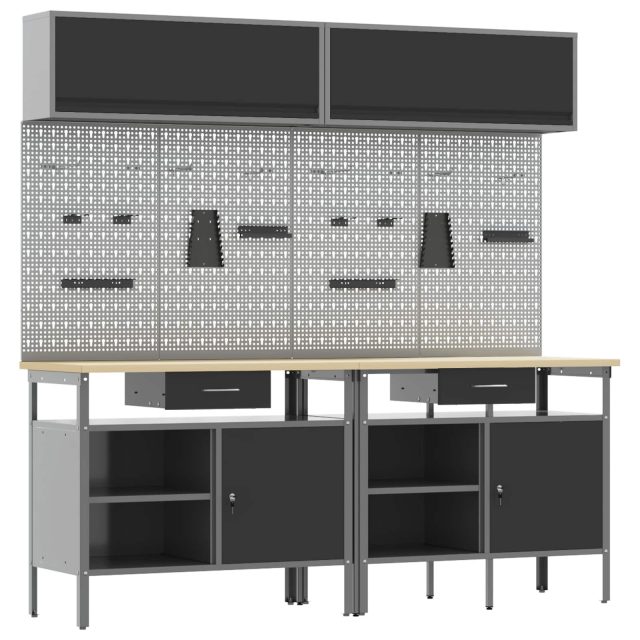 vidaXL Werkbank-Set 8 pcs Schwarz und Grau Pulverbeschichteter Stahl