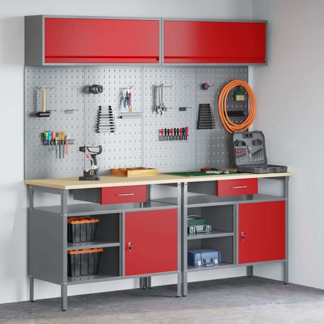 vidaXL Werkbank-Set 8 pcs Rot und Grau Pulverbeschichteter Stahl
