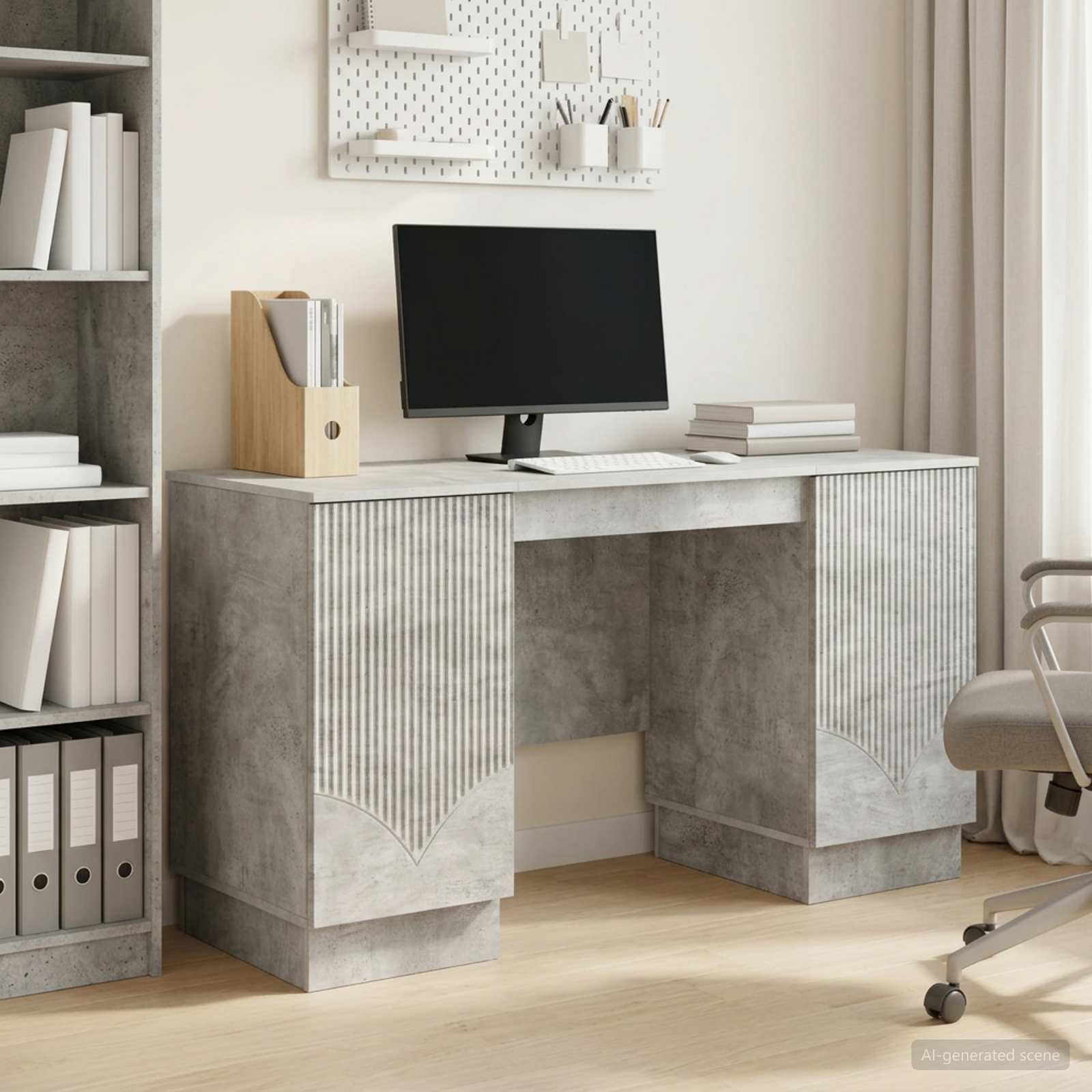 vidaXL Schreibtisch mit Tür Betongrau 142,5 x 50 x 75 cm Holzwerkstoff