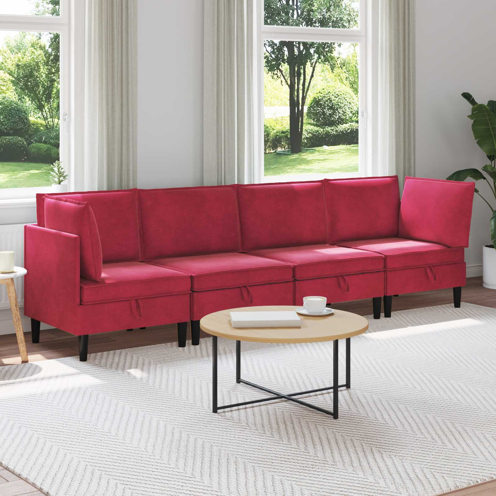 vidaXL Wohnzimmergarnitur mit Kissen mit Speicher 4 pcs Weinrot Samt