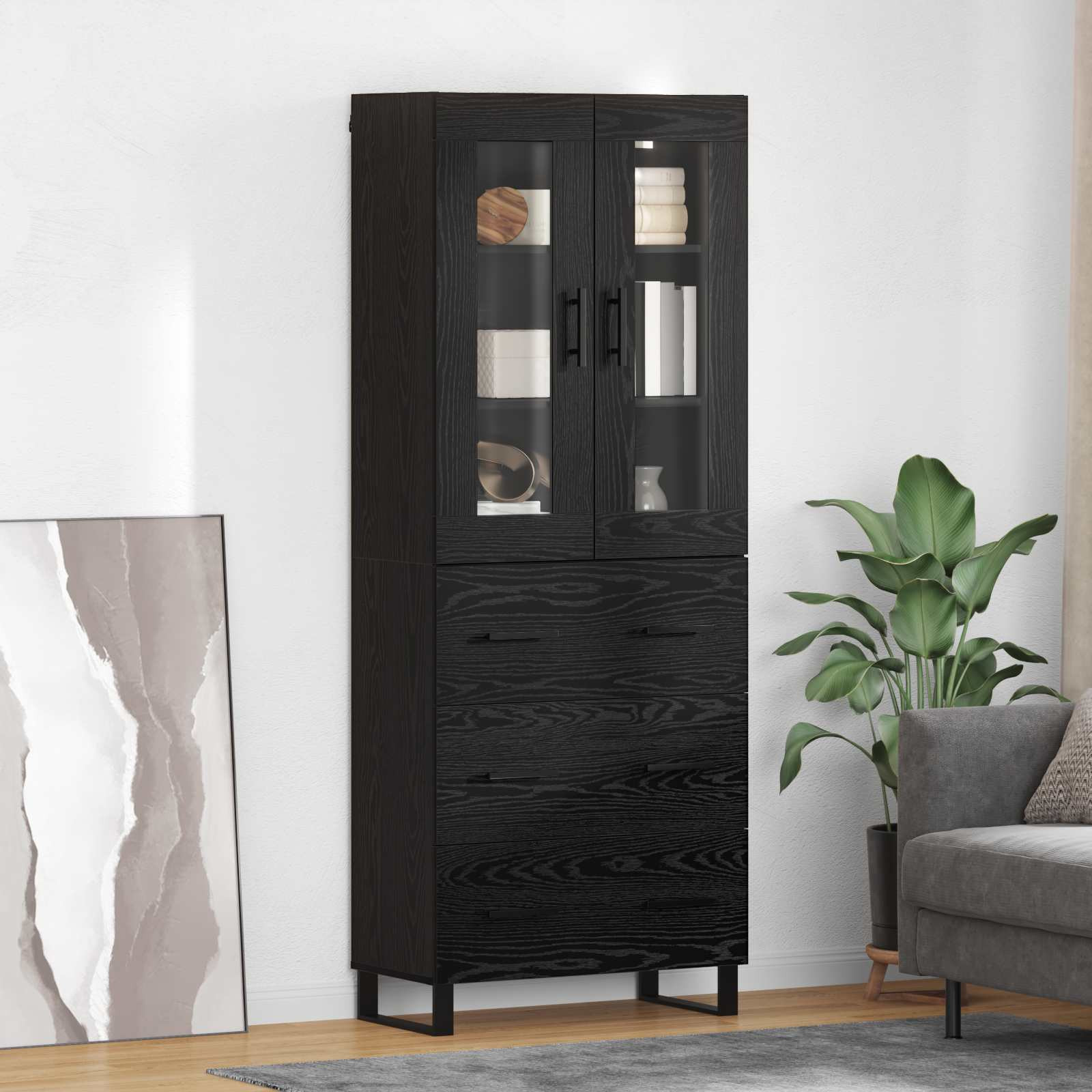 vidaXL Highboard 2 pcs Schwarz Eichen-Optik Engineered Wood und Glas