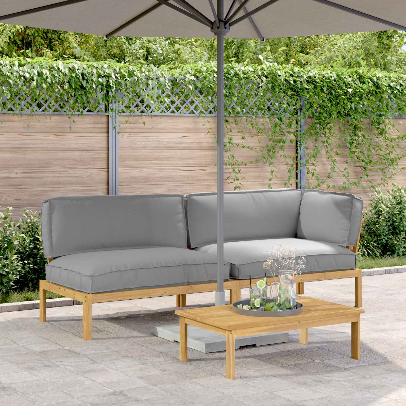 vidaXL Sofa Set mit Kissen Uni 3 pcs Grau Massivholz Akazie