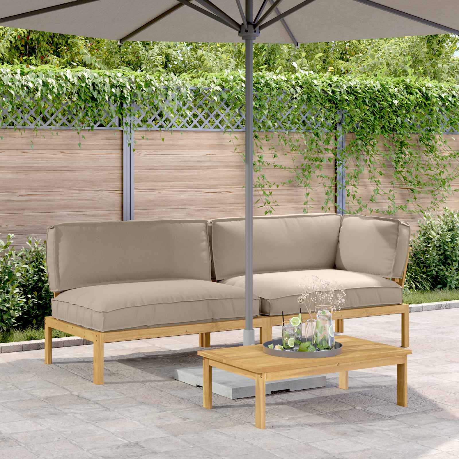 vidaXL Sofa Set mit Kissen Uni 3 pcs Taupe Massivholz Akazie