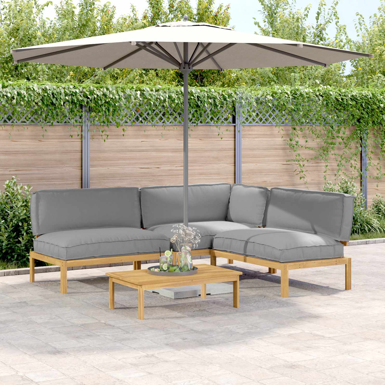 vidaXL Sofa Set mit Kissen Uni 4 pcs Grau Massivholz Akazie