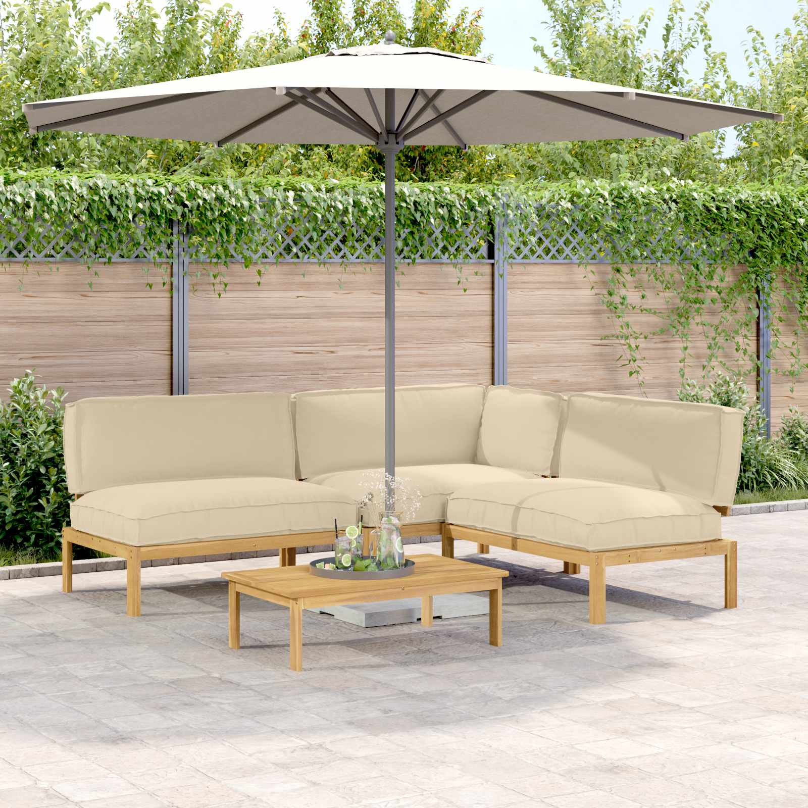 vidaXL Sofa Set mit Kissen Uni 4 pcs Beige Massivholz Akazie