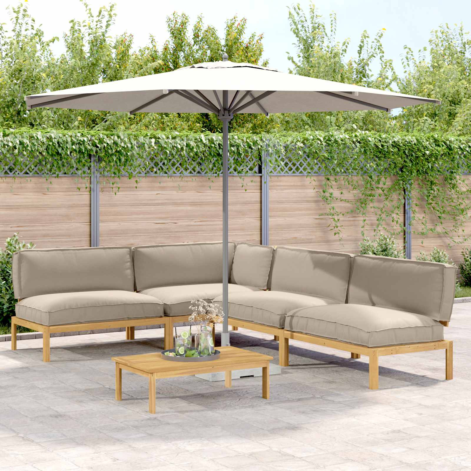 vidaXL Sofa Set mit Kissen Uni 5 pcs Taupe Massivholz Akazie