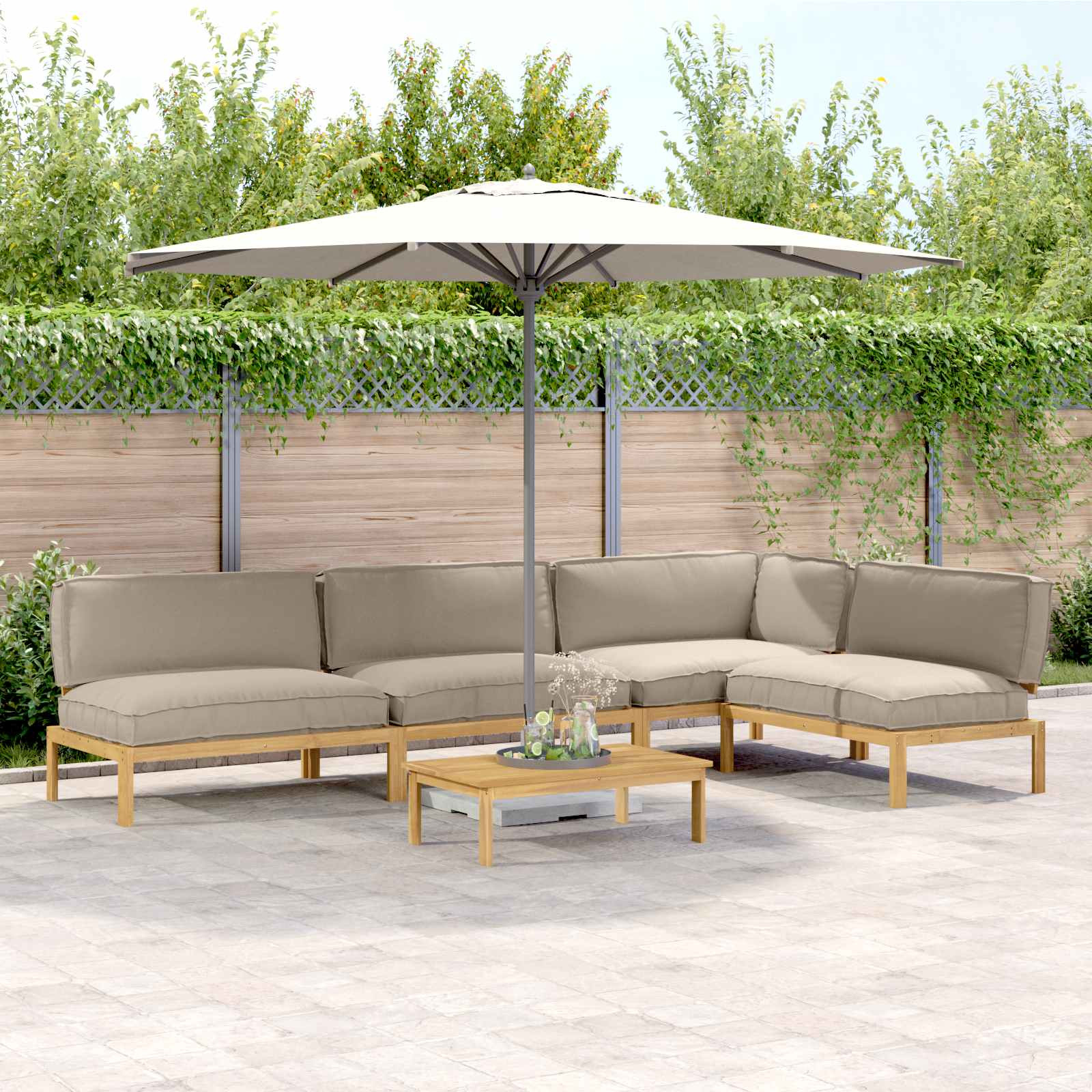 vidaXL Sofa Set mit Kissen Uni 5 pcs Taupe Massivholz Akazie
