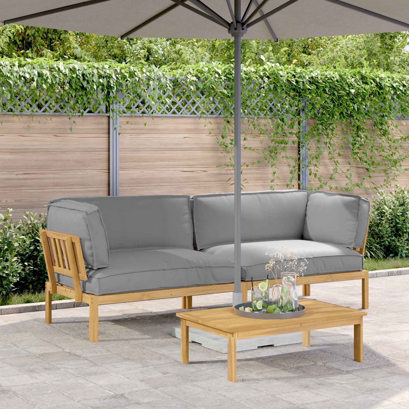 vidaXL Sofa Set mit Kissen Uni 2 pcs Grau Massivholz Akazie