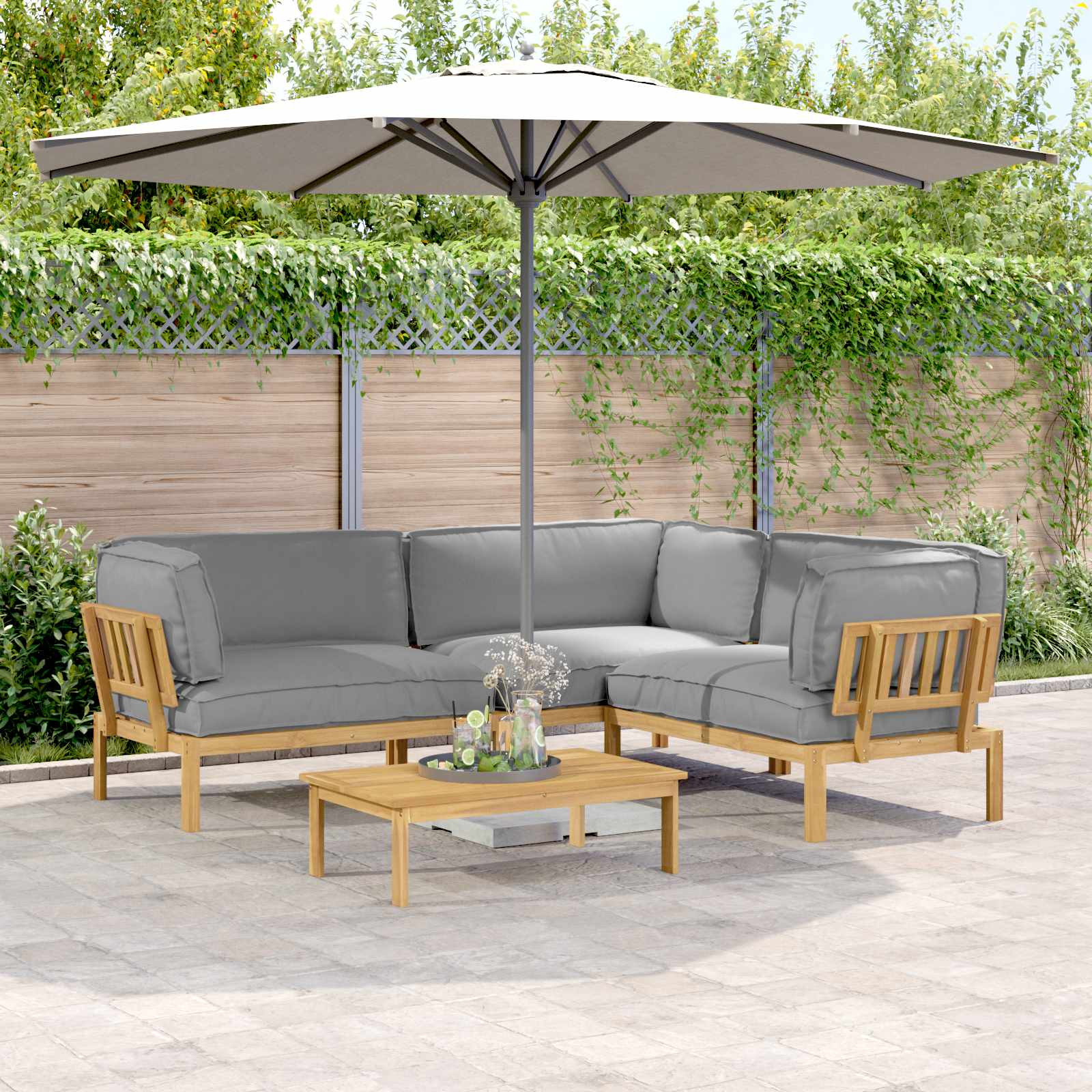 vidaXL Sofa Set mit Kissen Uni 4 pcs Grau Massivholz Akazie