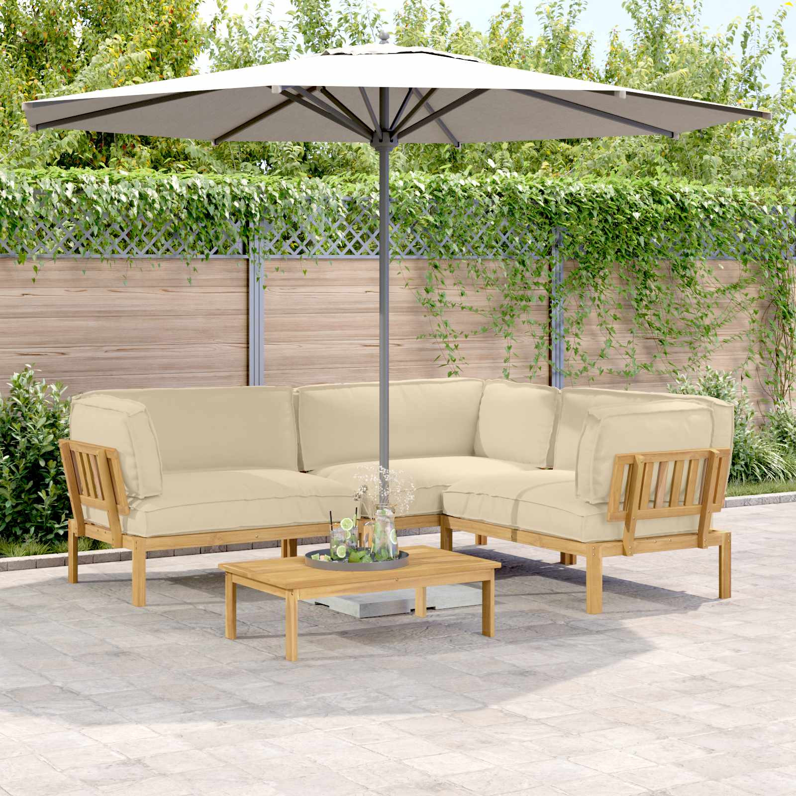 vidaXL Sofa Set mit Kissen Uni 4 pcs Beige Massivholz Akazie