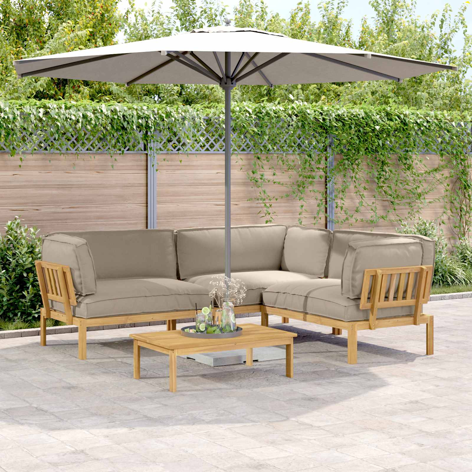 vidaXL Sofa Set mit Kissen Uni 4 pcs Taupe Massivholz Akazie