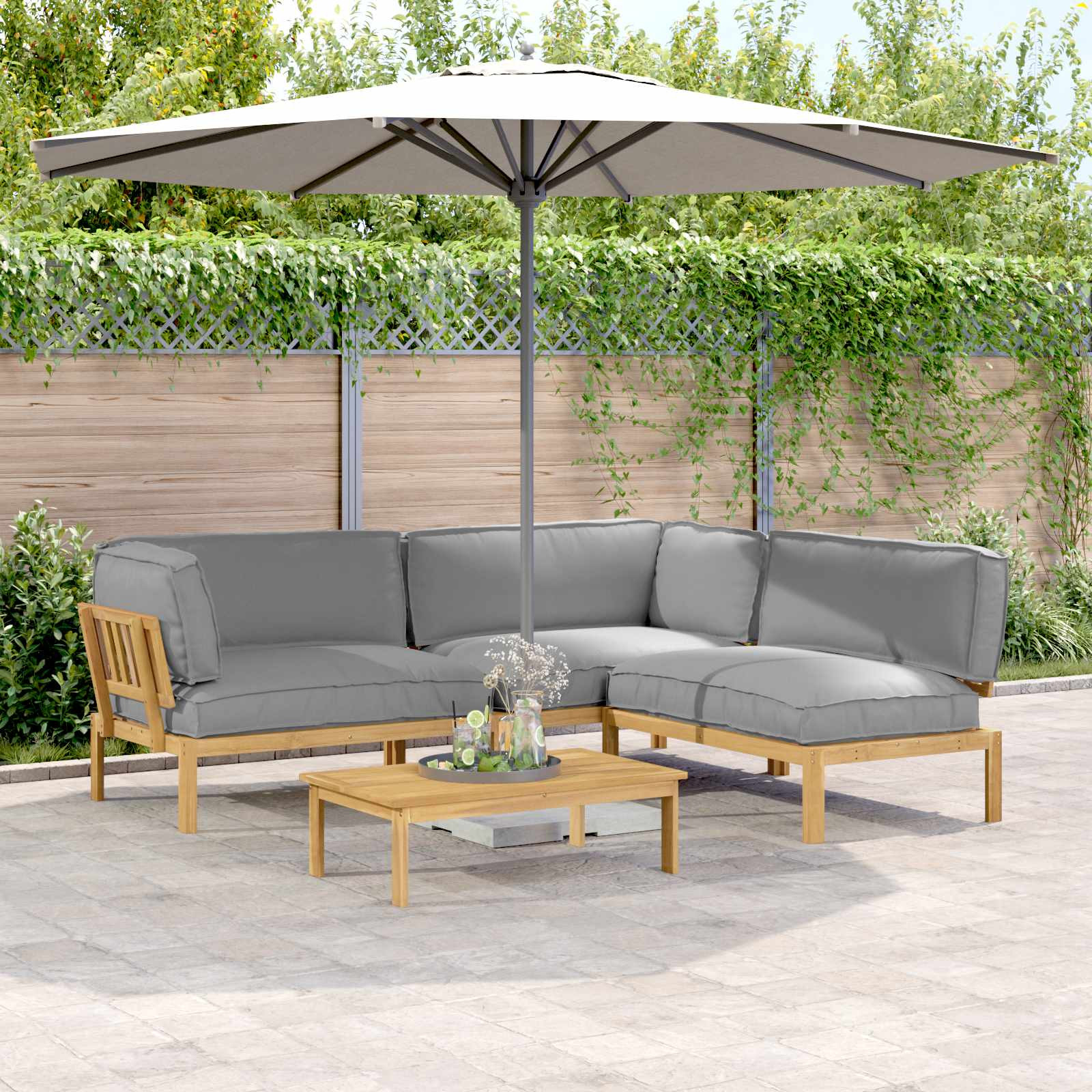 vidaXL Sofa Set mit Kissen Uni 4 pcs Grau Massivholz Akazie