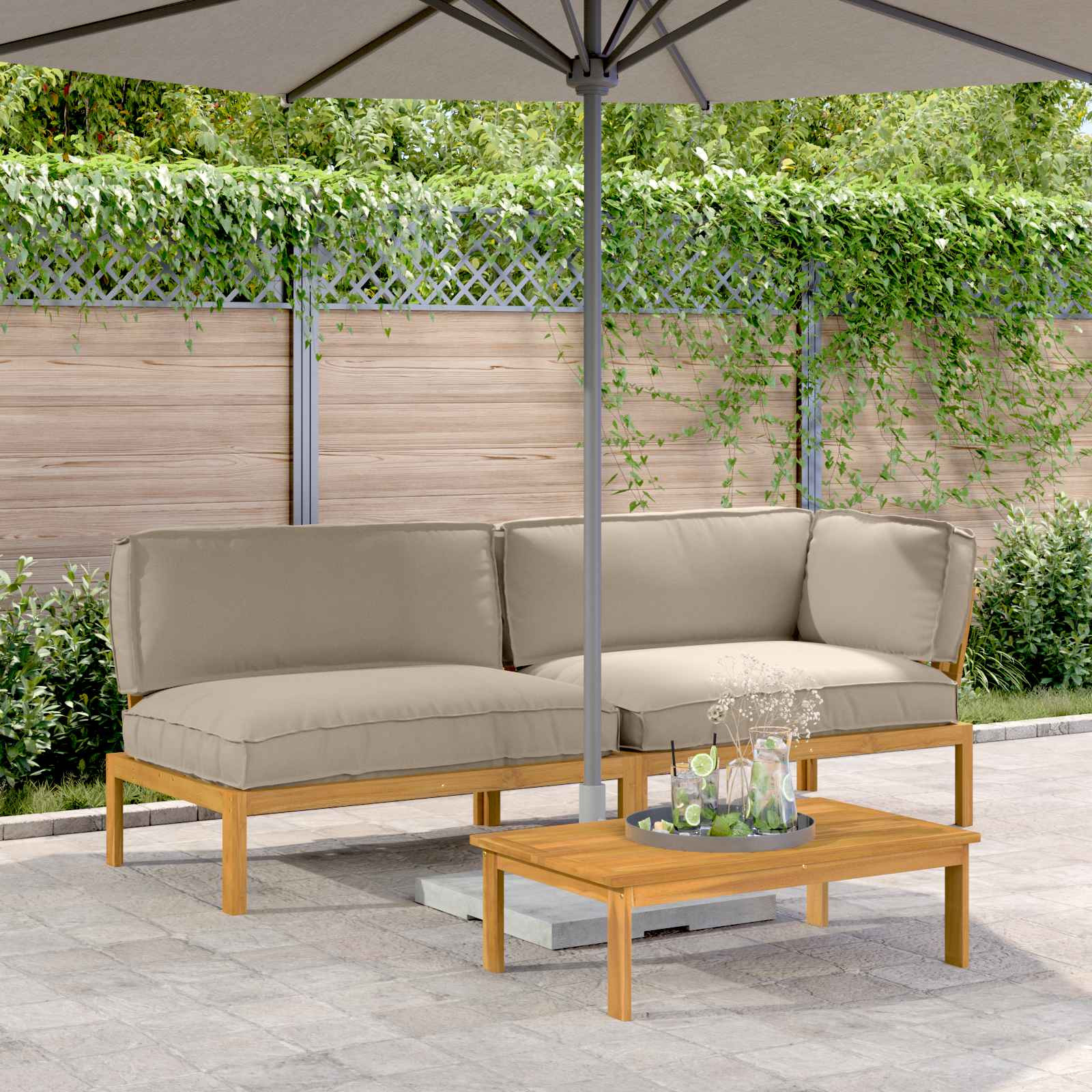 vidaXL Sofa Set mit Kissen Uni 3 pcs Taupe Massivholz Akazie