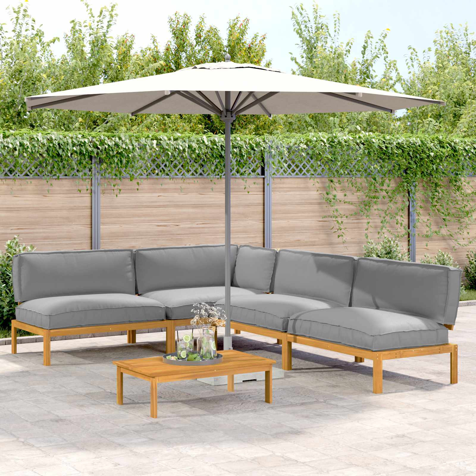 vidaXL Sofa Set mit Kissen Uni 5 pcs Grau Massivholz Akazie