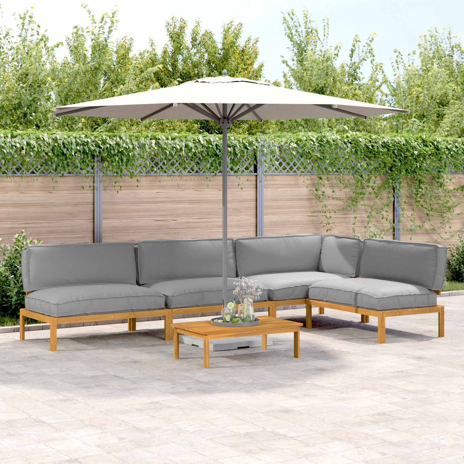 vidaXL Sofa Set mit Kissen Uni 5 pcs Grau Massivholz Akazie