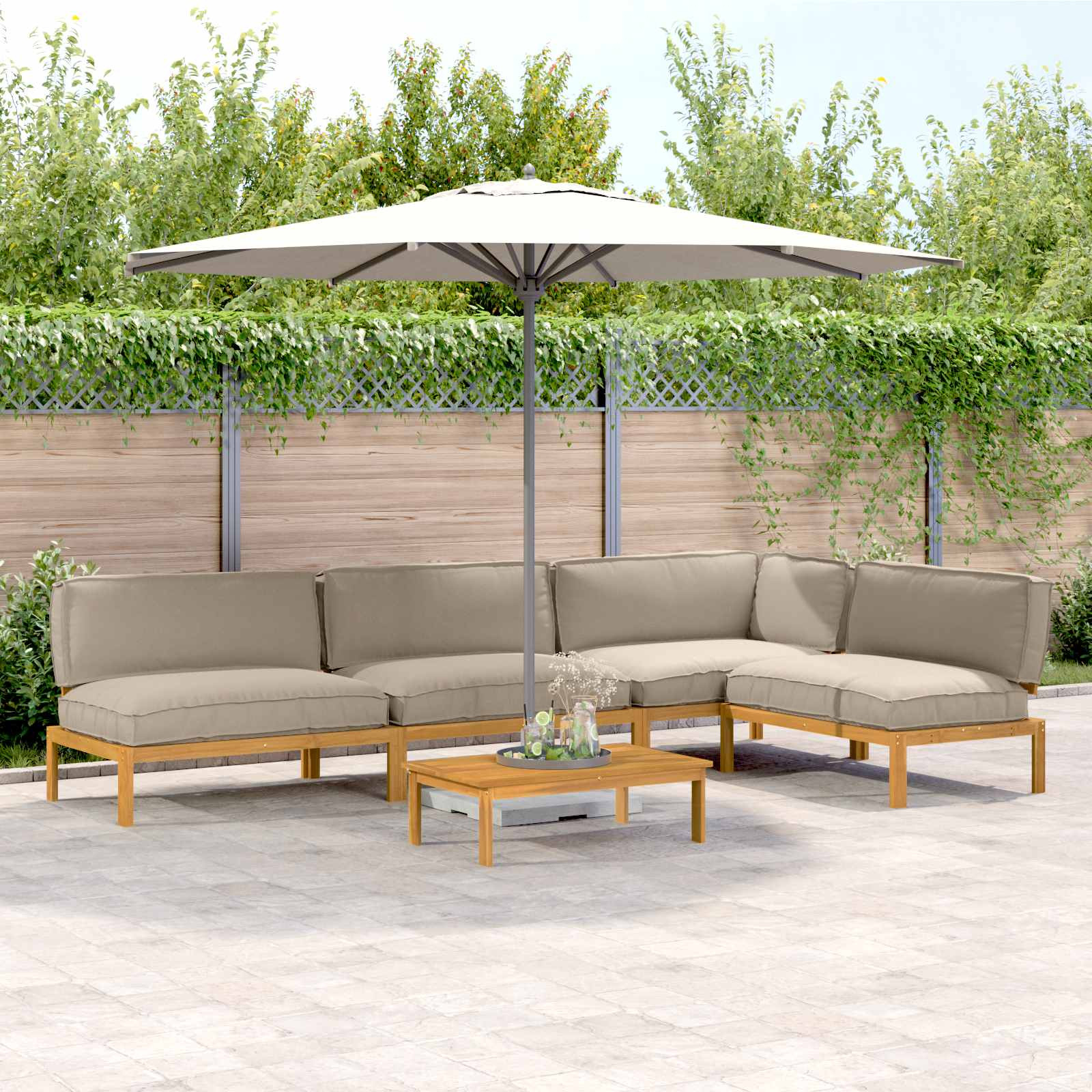 vidaXL Sofa Set mit Kissen Uni 5 pcs Taupe Massivholz Akazie