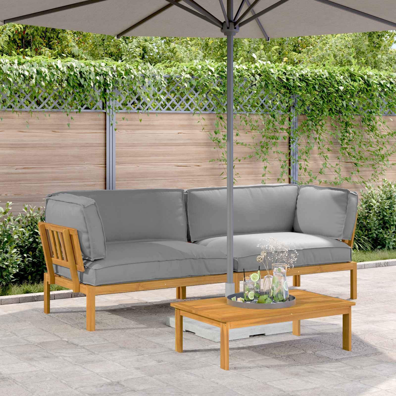 vidaXL Sofa Set mit Kissen Uni 2 pcs Grau Massivholz Akazie