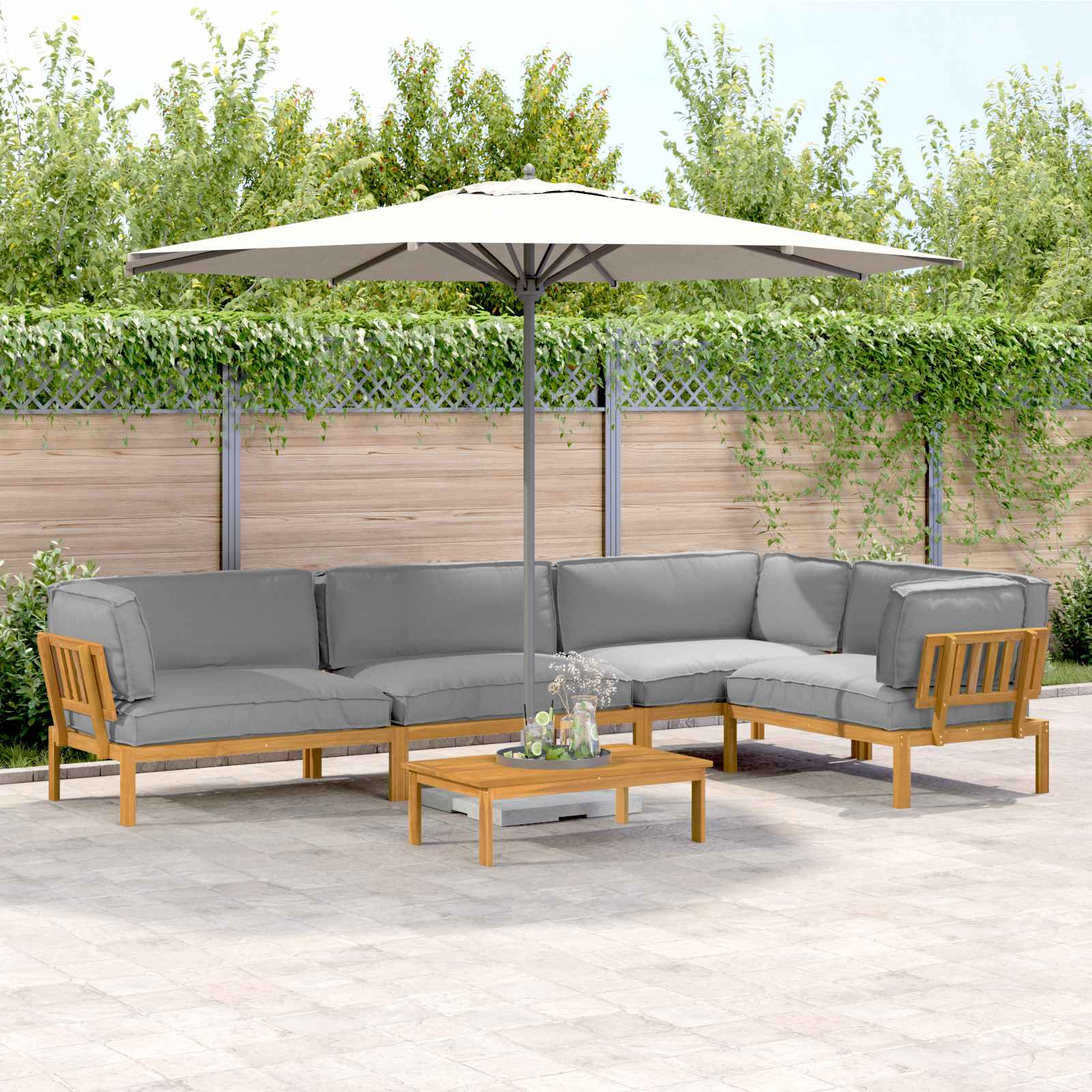 vidaXL Sofa Set mit Kissen Uni 5 pcs Grau Massivholz Akazie