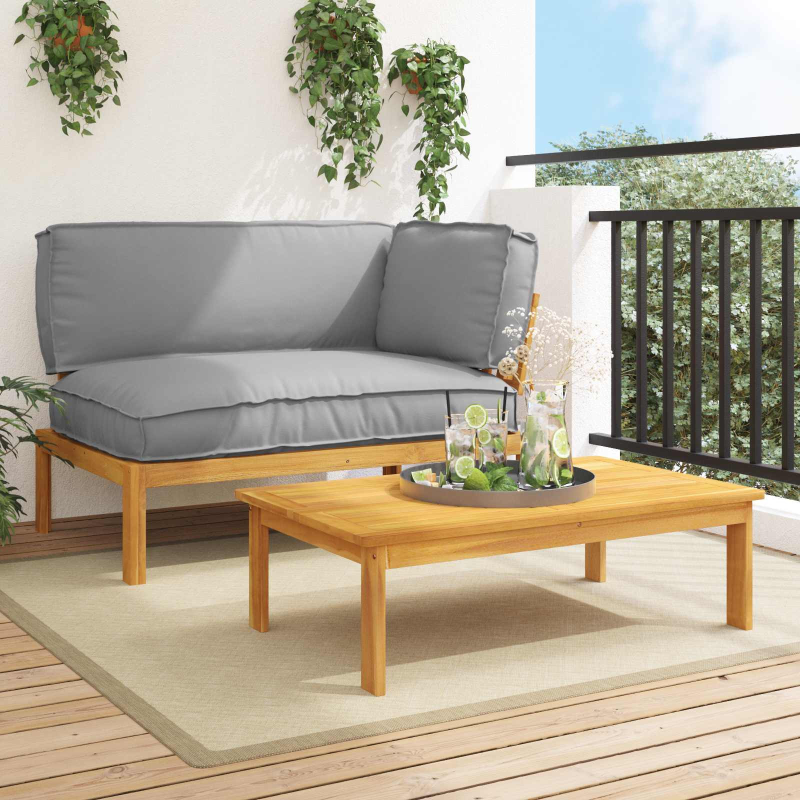 vidaXL Sofa Set mit Kissen Uni 2 pcs Grau Massivholz Akazie