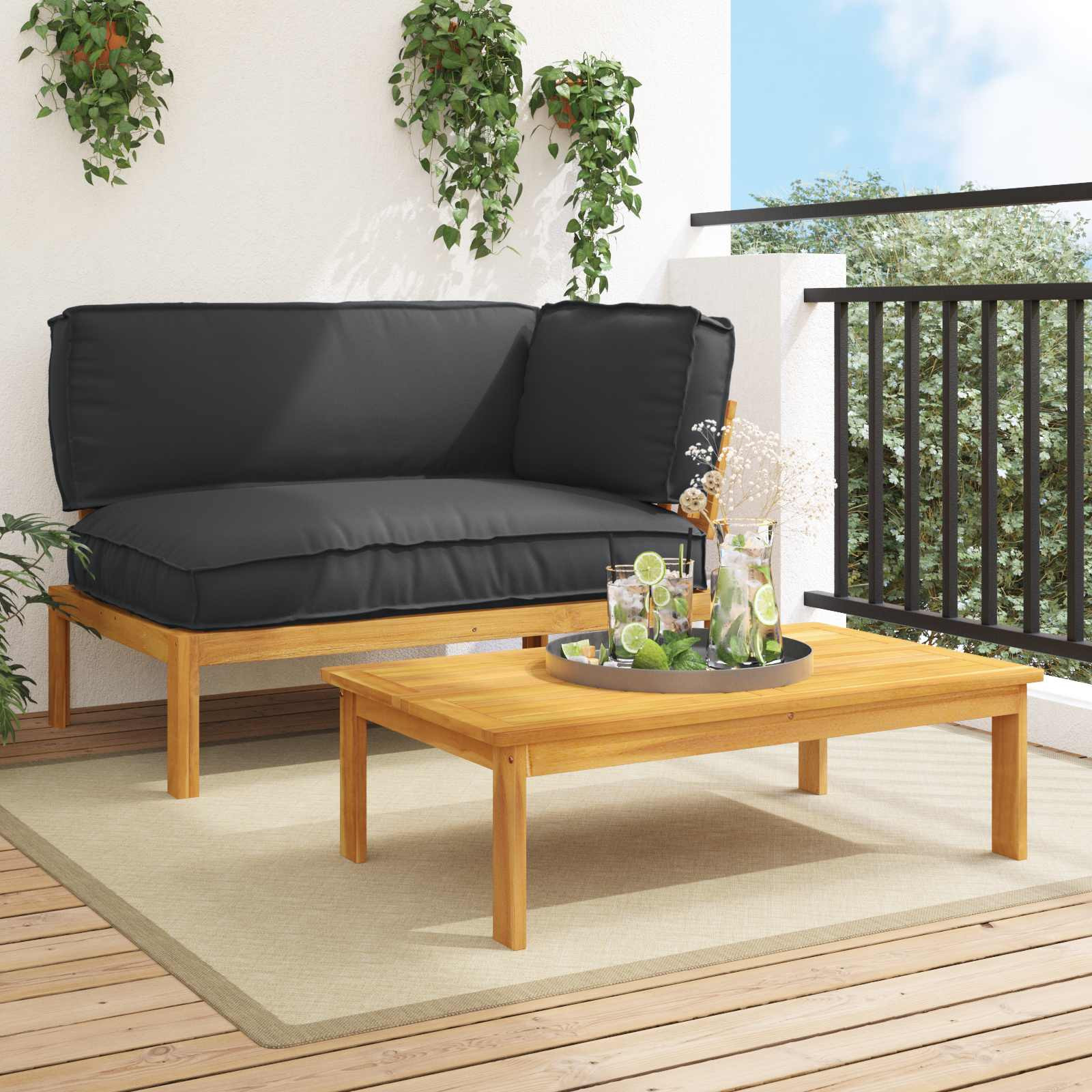 vidaXL Sofa Set mit Kissen Uni 2 pcs Schwarz Massivholz Akazie