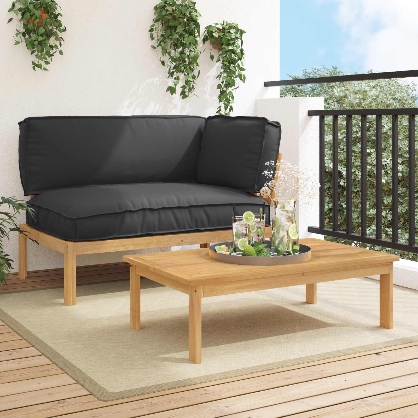 vidaXL Sofa Set mit Kissen Uni 2 pcs Schwarz Massivholz Akazie