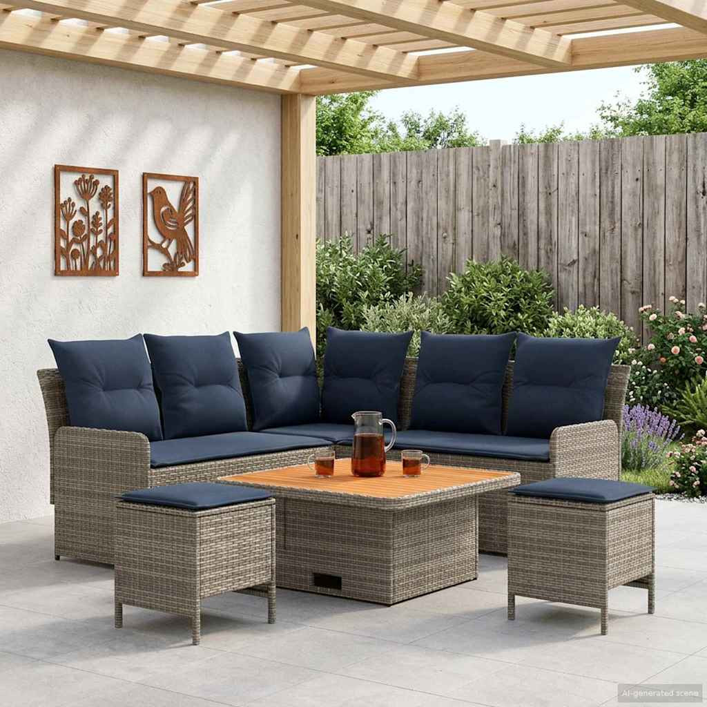 vidaXL Möbelsets mit Kissen 6 pcs Grau und Marineblau PE-Rattan