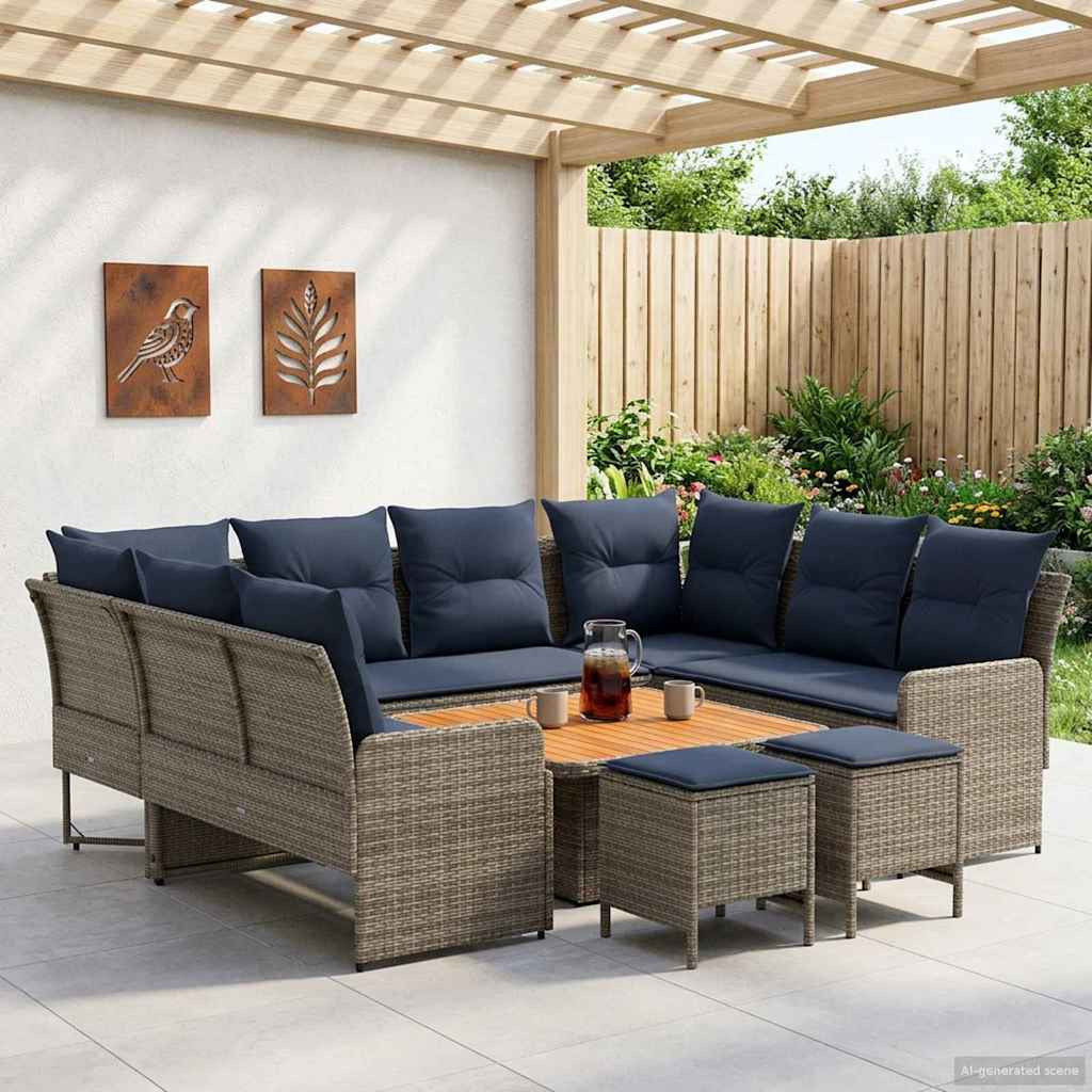vidaXL Möbelsets mit Kissen 8 pcs Grau und Marineblau PE-Rattan