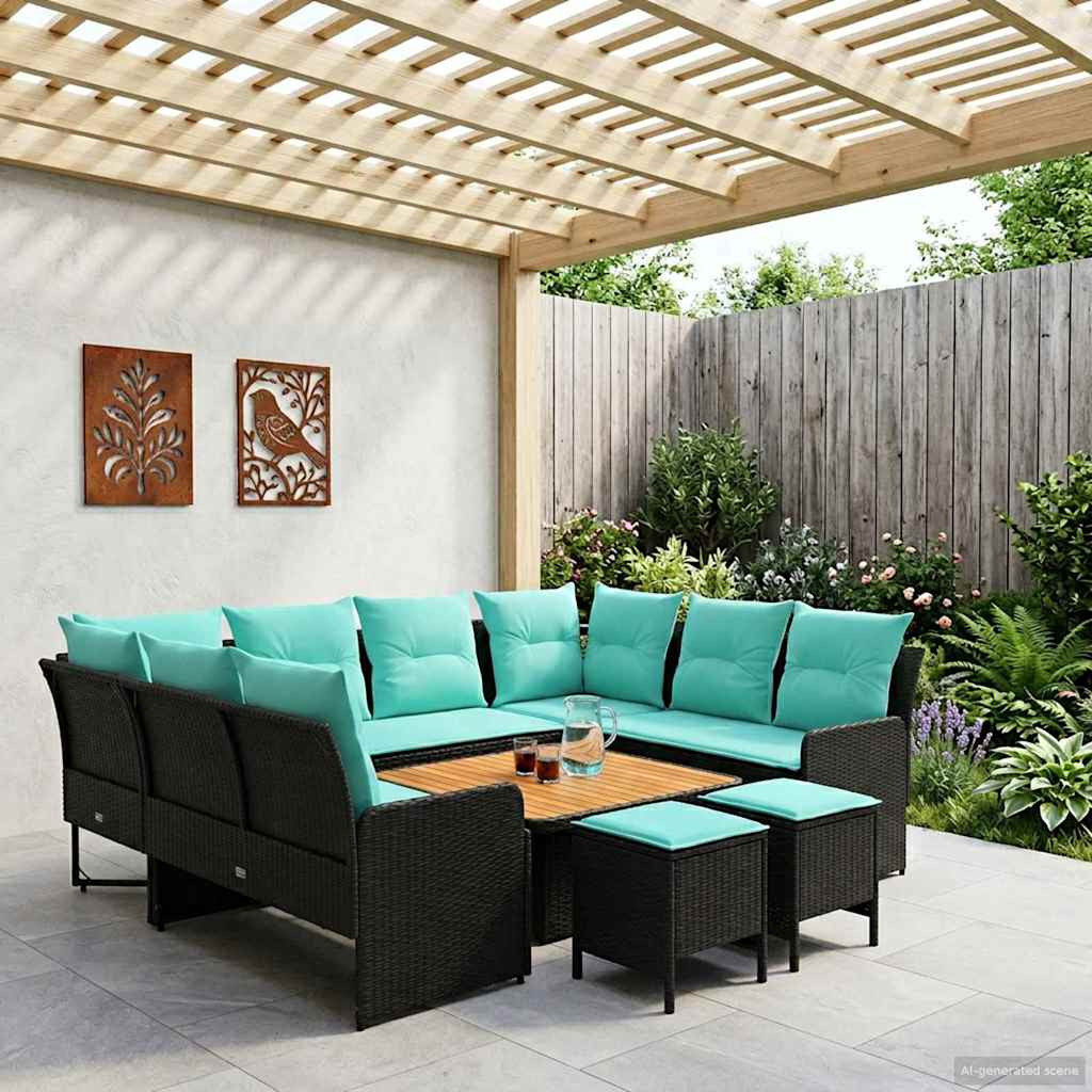 vidaXL Möbelsets mit Kissen 8 pcs Schwarz und Türkis PE-Rattan