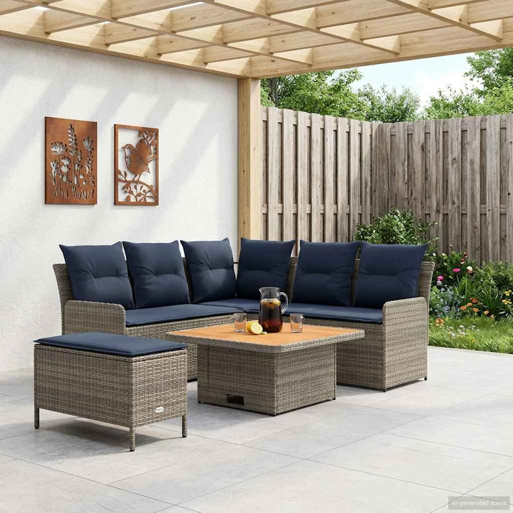 vidaXL Möbelsets mit Kissen 5 pcs Grau und Marineblau PE-Rattan