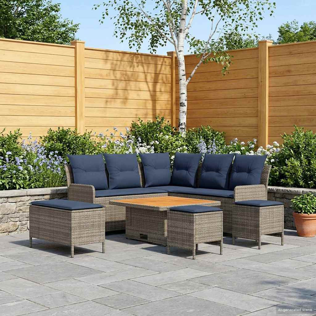 vidaXL Möbelsets mit Kissen 7 pcs Grau und Marineblau PE-Rattan