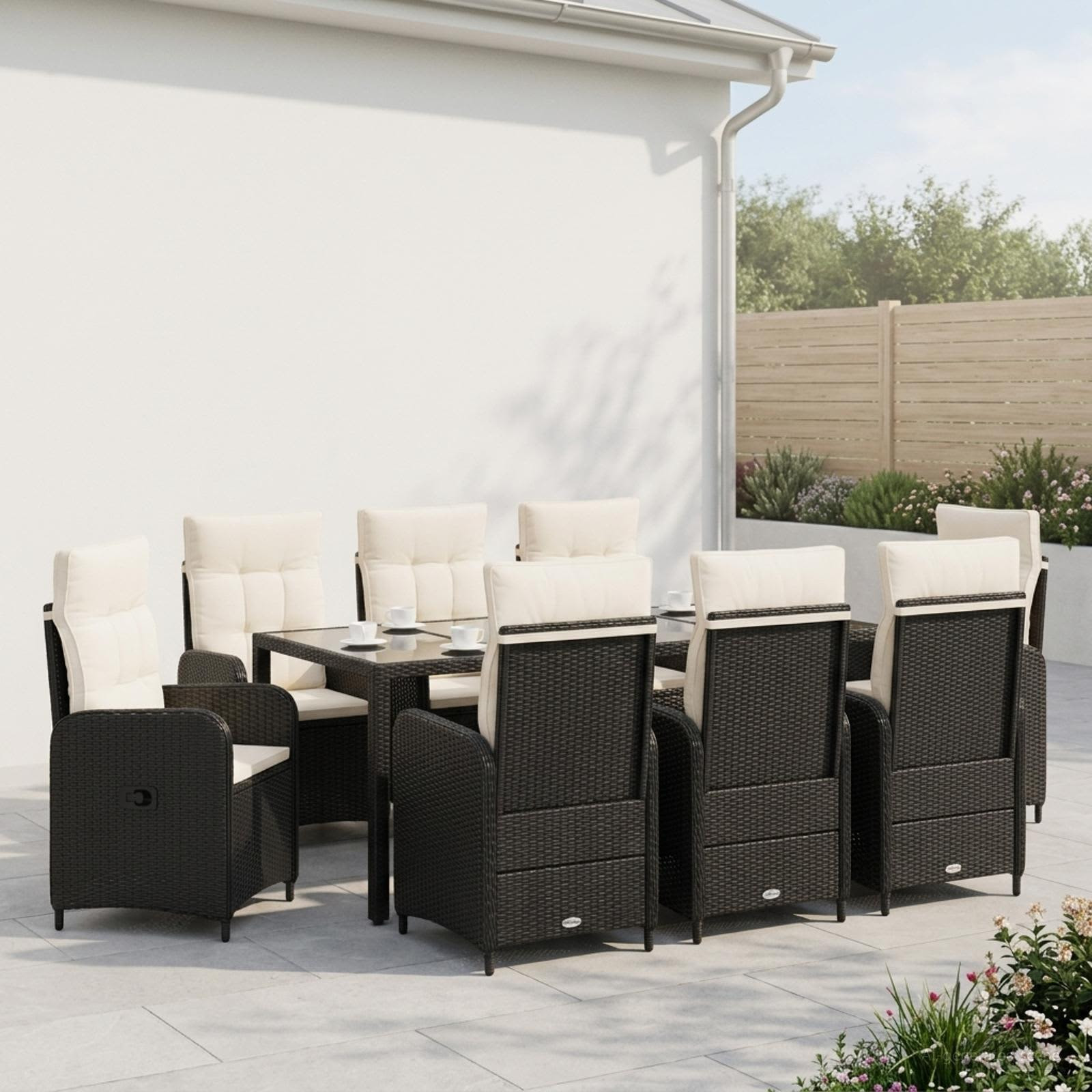 vidaXL Outdoortisch-Set 9 pcs Schwarz und Cremeweiß 190 x 90 x 75 cm