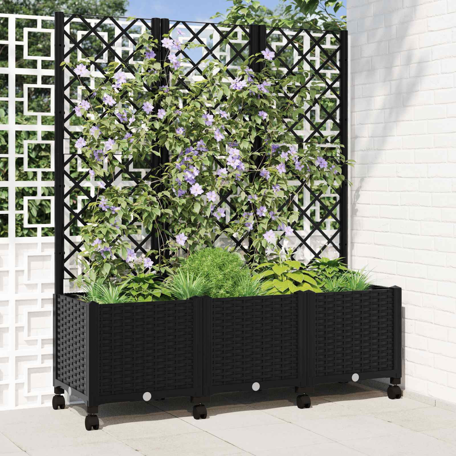 vidaXL Pflanzkübel mit Spalier und Rädern Schwarz 120 x 40 x 146 cm PP