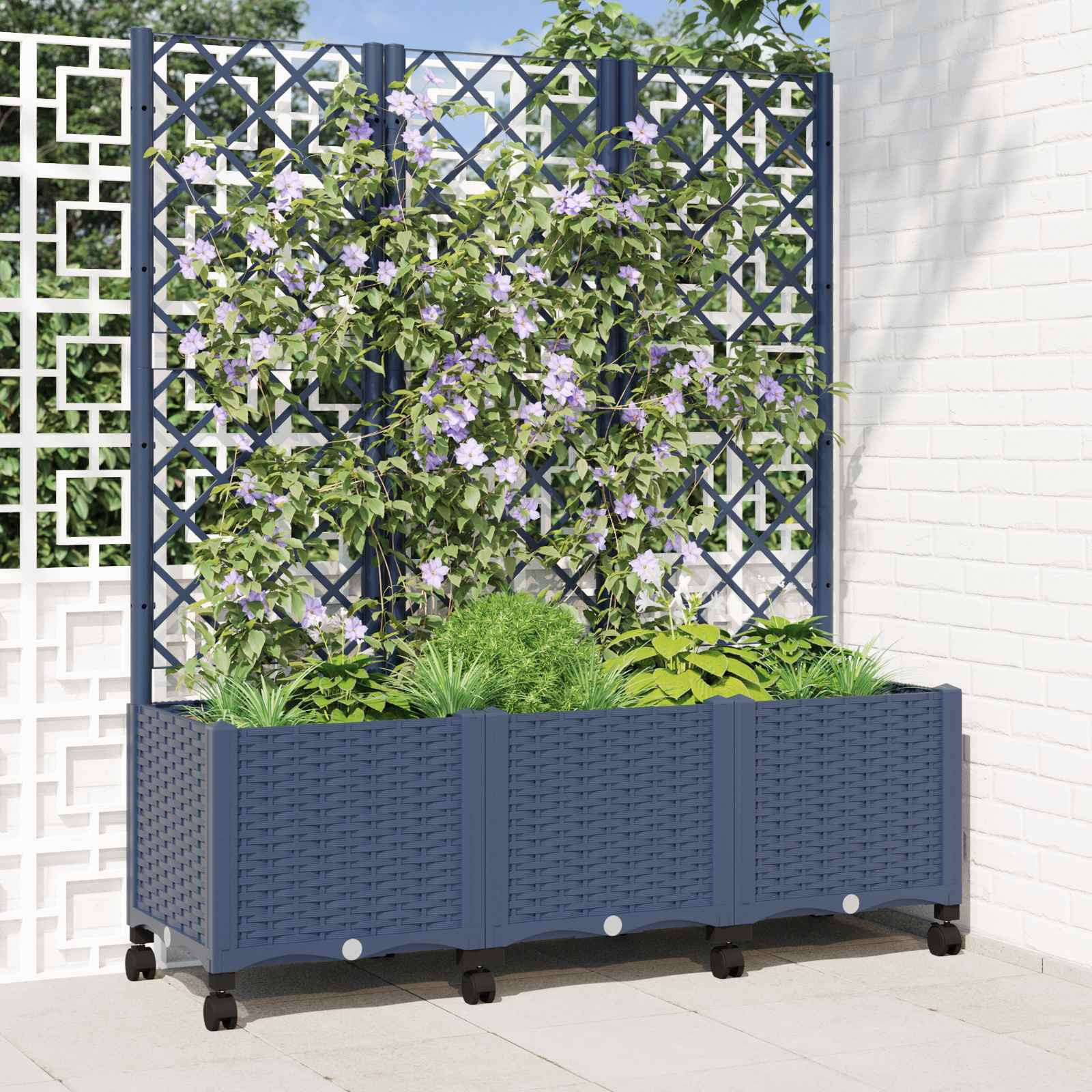 vidaXL Pflanzkübel mit Spalier und Rädern Blaugrau 120 x 40 x 146 cm