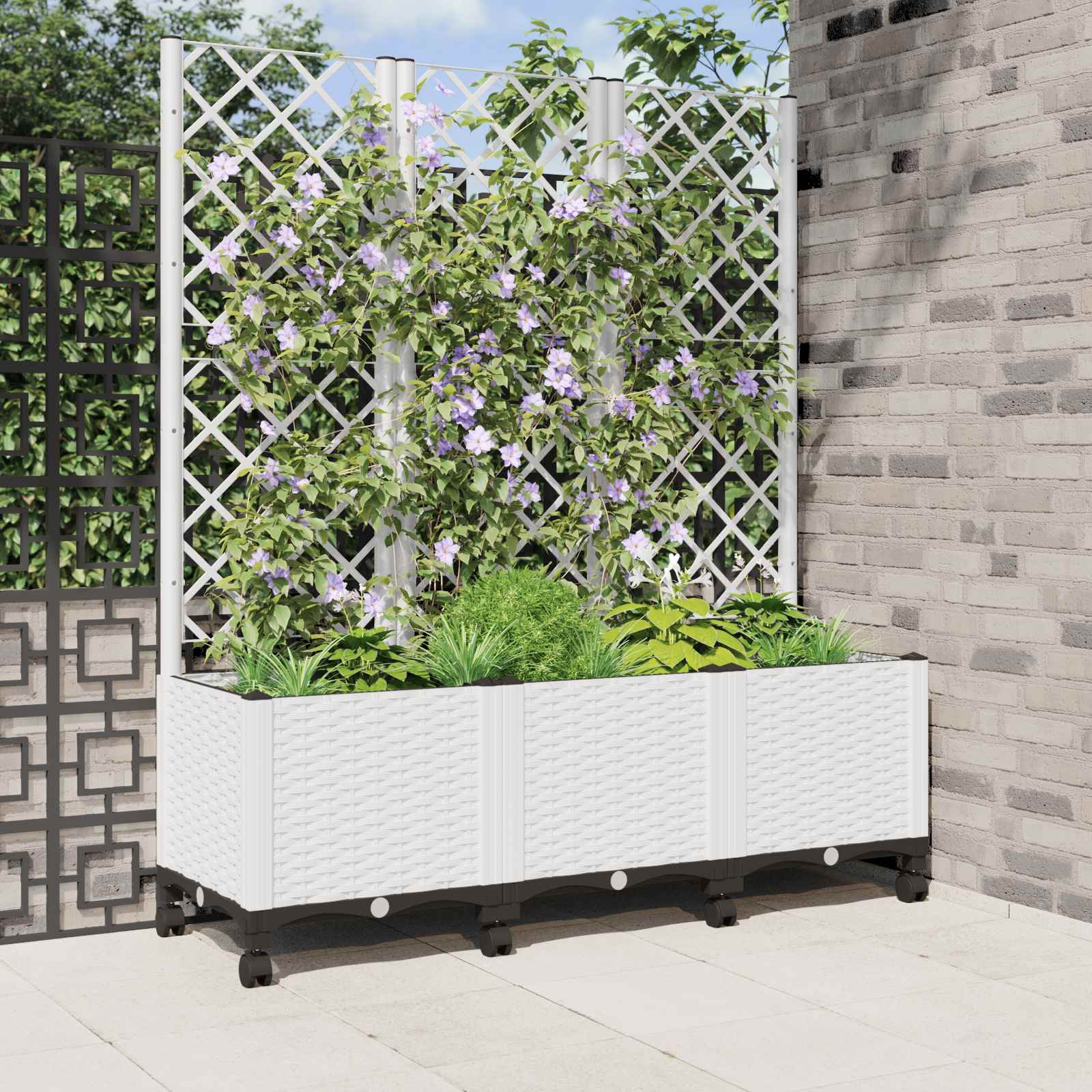 vidaXL Pflanzkübel mit Spalier und Rädern Weiß 120 x 40 x 146 cm PP