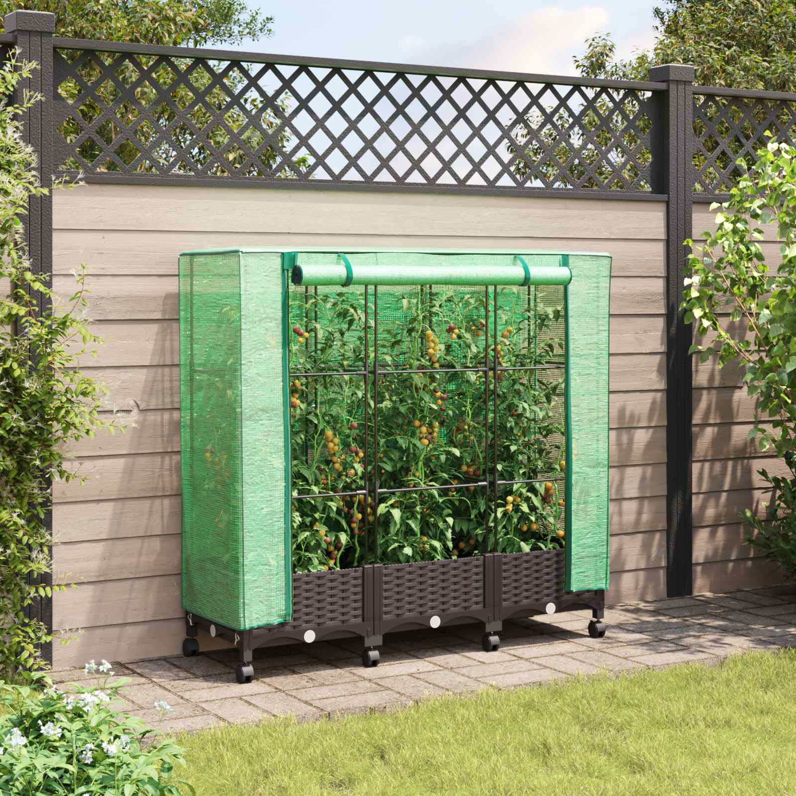 vidaXL Gartenplanter mit Gewächshausabdeckung und Rädern 3 Stk. Braun