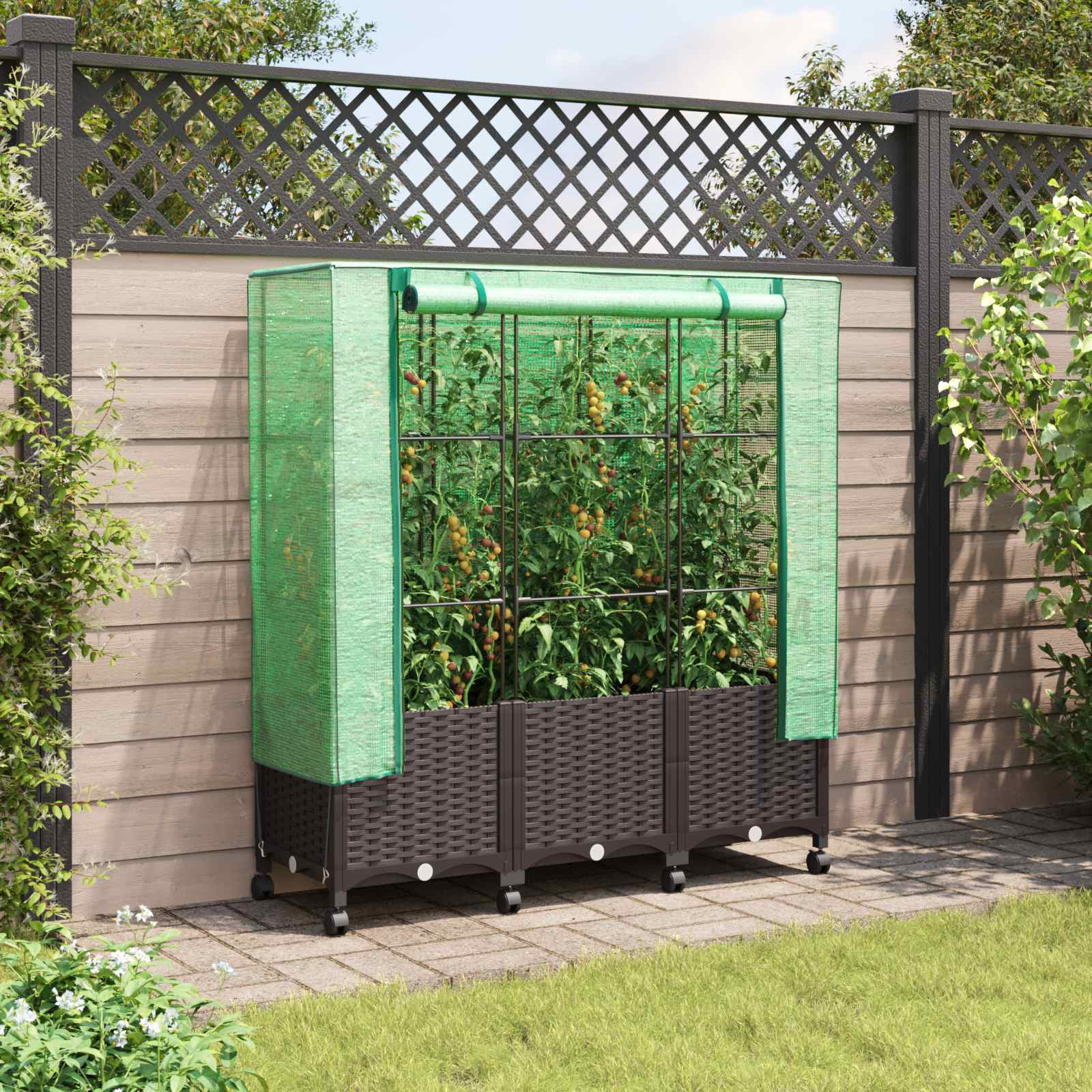 vidaXL Gartenplanter mit Gewächshausabdeckung und Rädern 3 Stk. Braun
