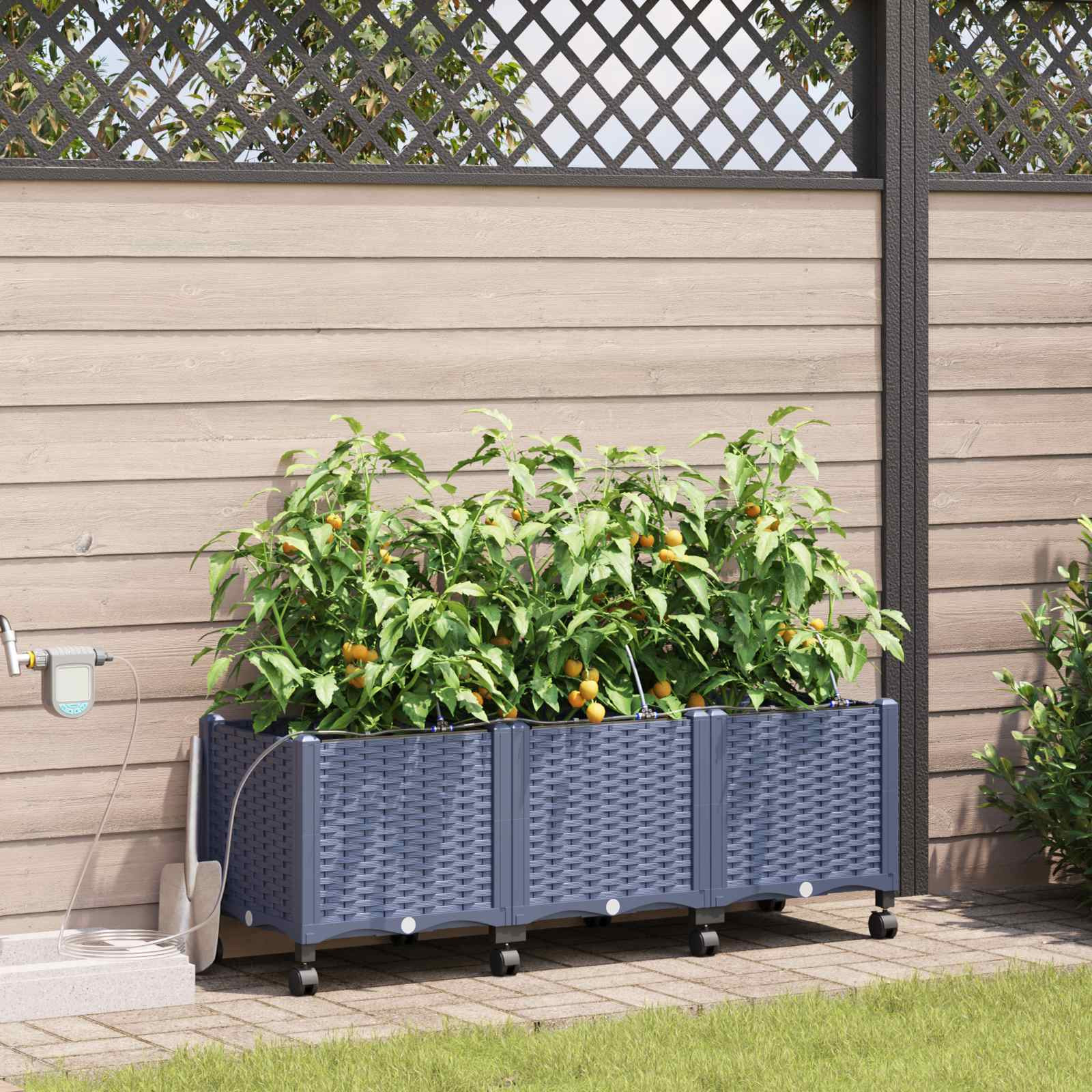 vidaXL Garten Blumenkübel mit Bewässerung und Rädern 3 Stk. Grau PP