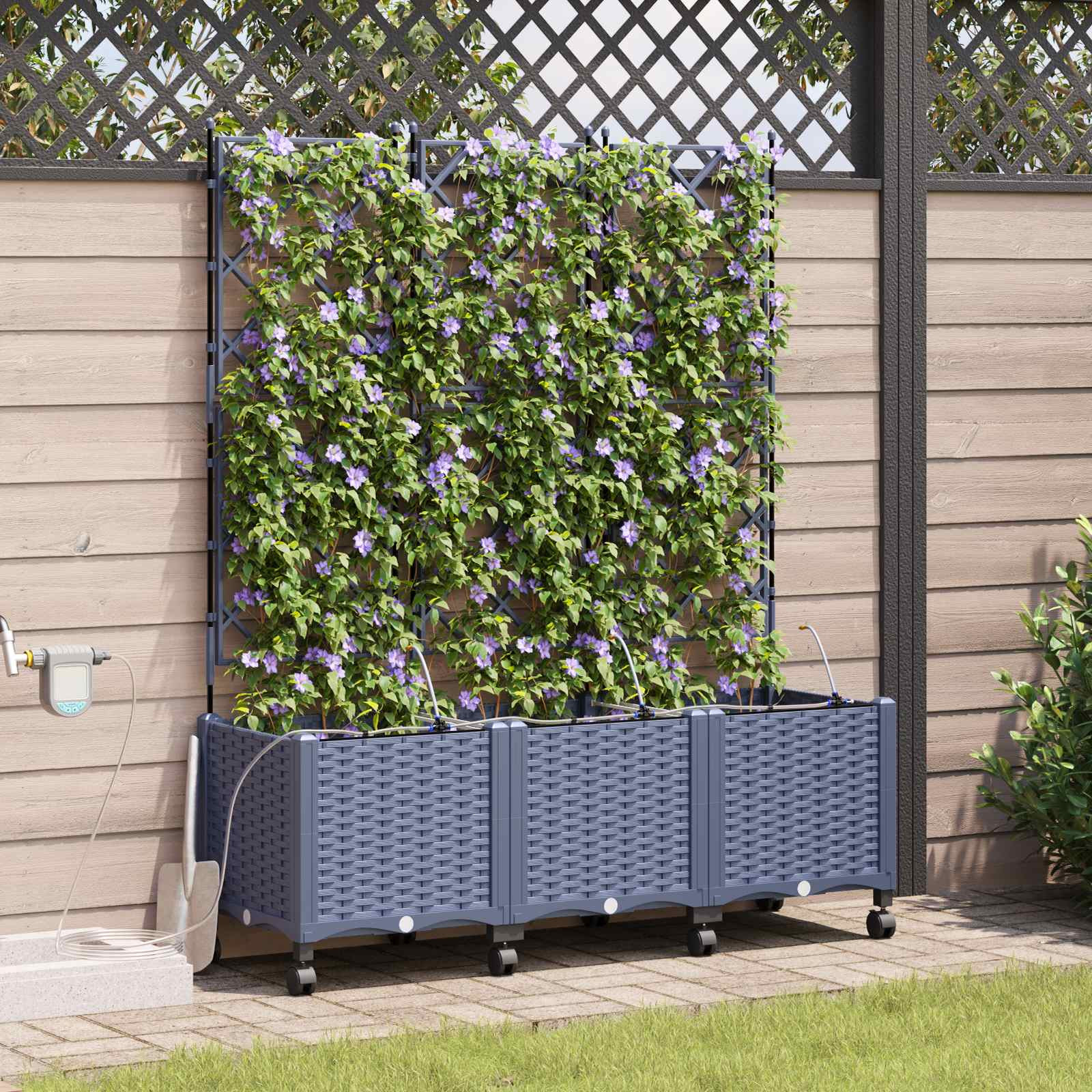 vidaXL Garten Blumenkübel mit Bewässerung und Rädern 3 Stk. Grau PP
