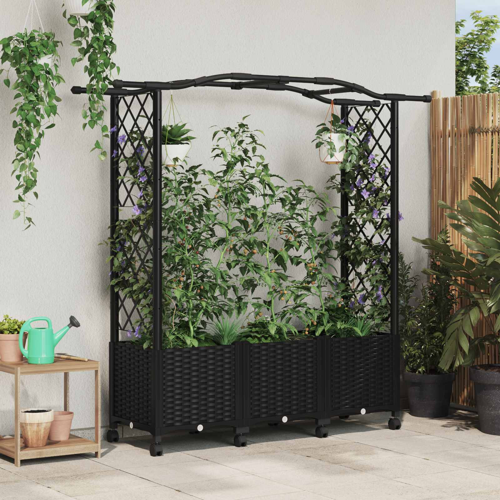 vidaXL Hochbeet mit Rankgitter und Dach Schwarz 164 x 40 x 144 cm PP