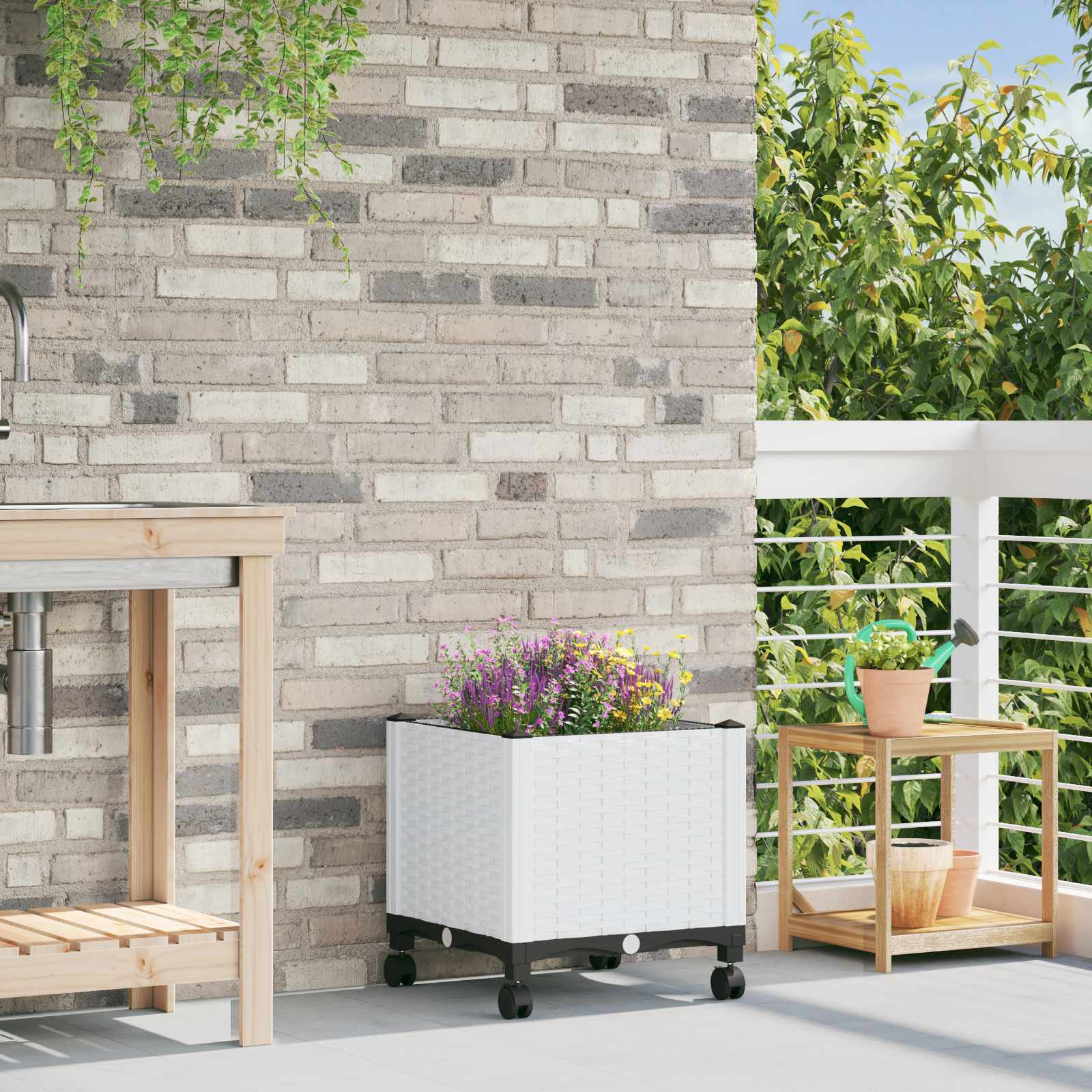 vidaXL Gartenpflanzer mit Rädern Weiß 40 x 40 x 48 cm PP