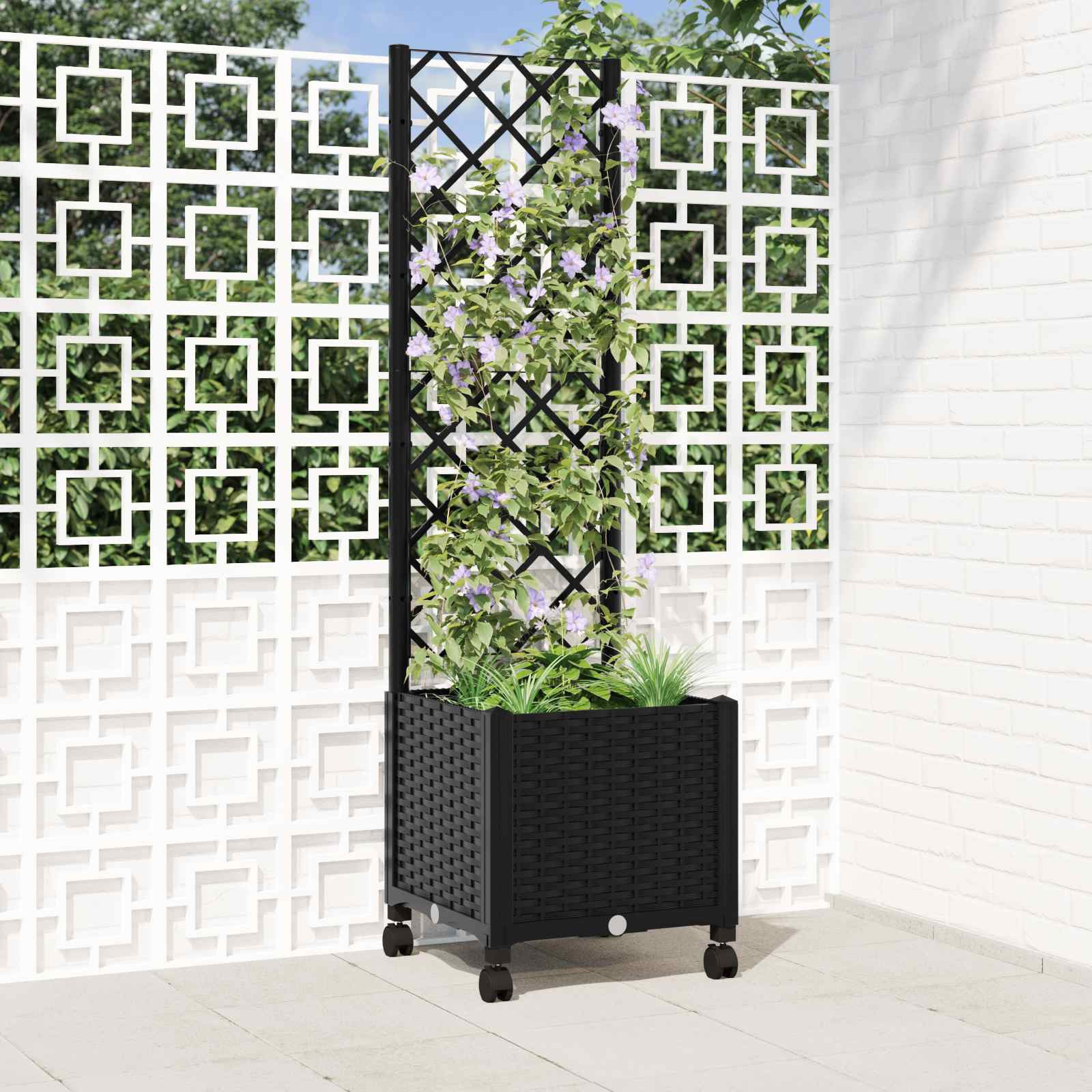 vidaXL Pflanzkübel mit Spalier und Rädern Schwarz 40 x 40 x 146 cm PP